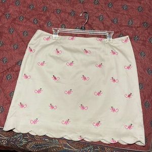 Lilly Pulitzer lined tan skirt w pink size 14, 75% cotton 22% poly 3% spandex